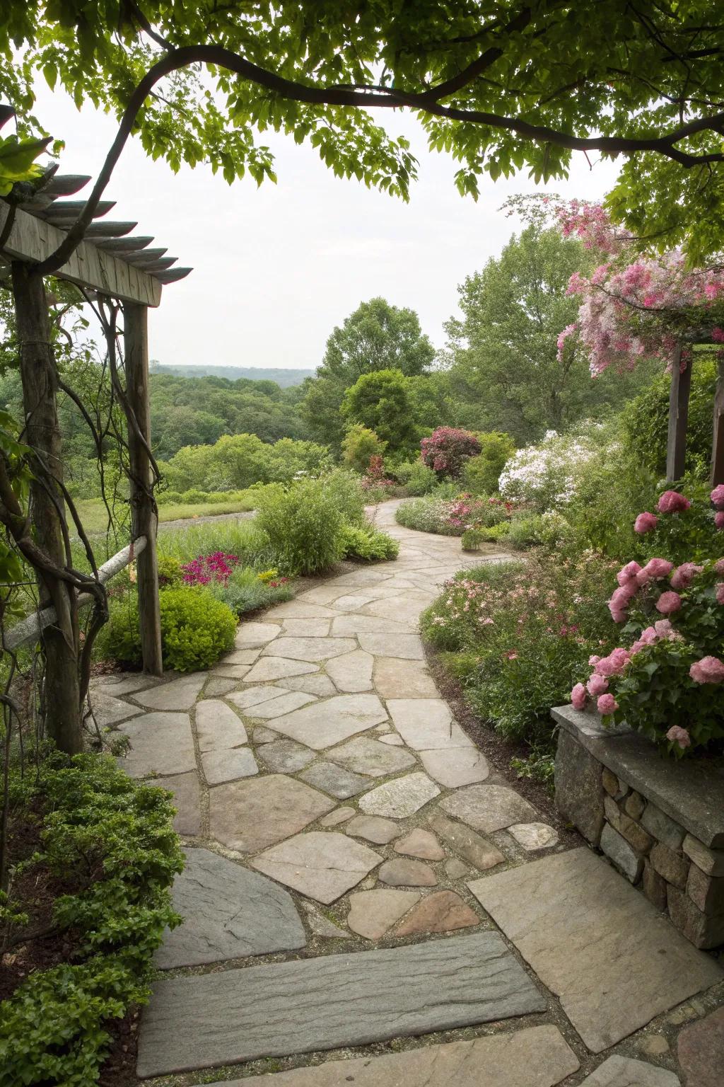 A stone patio connected to the garden with organic pathways.