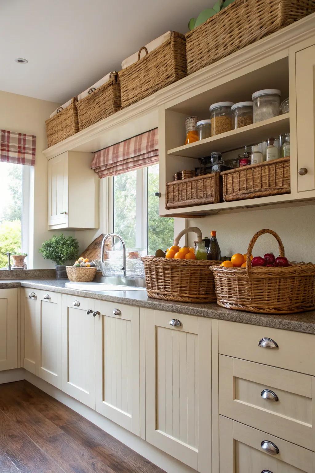 Utilize the space above cabinets with decorative baskets.