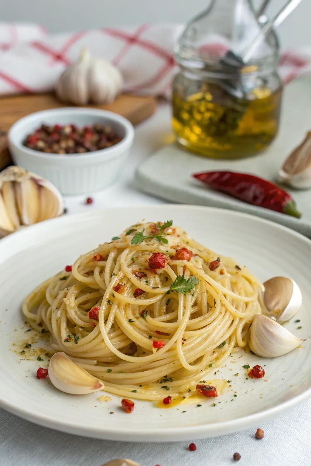 Spaghetti aglio e olio, a timeless Italian classic.
