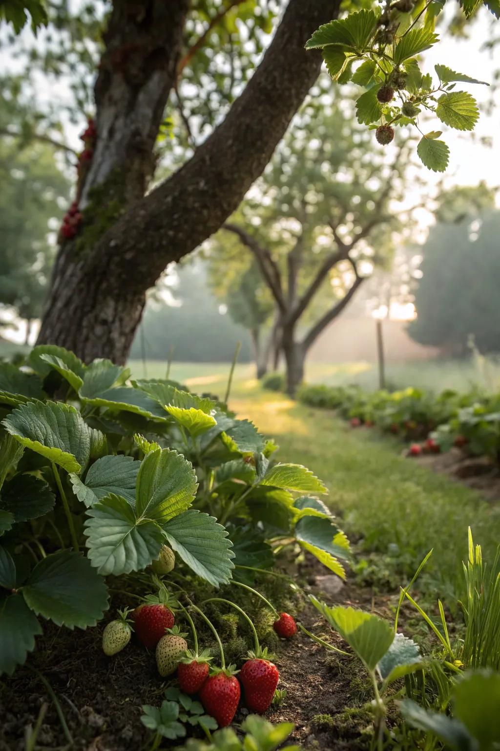 An integrated guild with strawberries beneath a fruit tree.