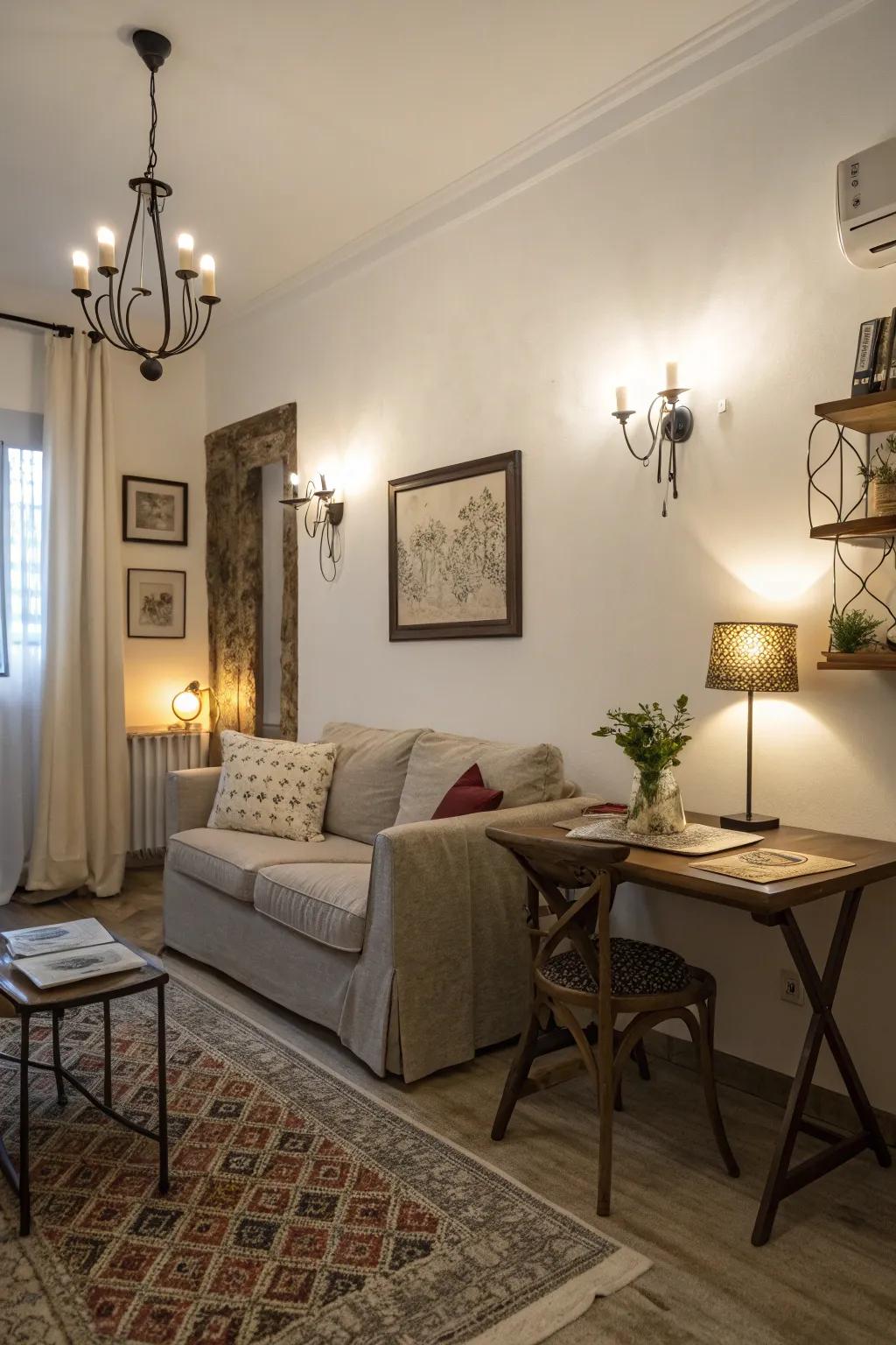 Wall-mounted lighting saves space and adds style.