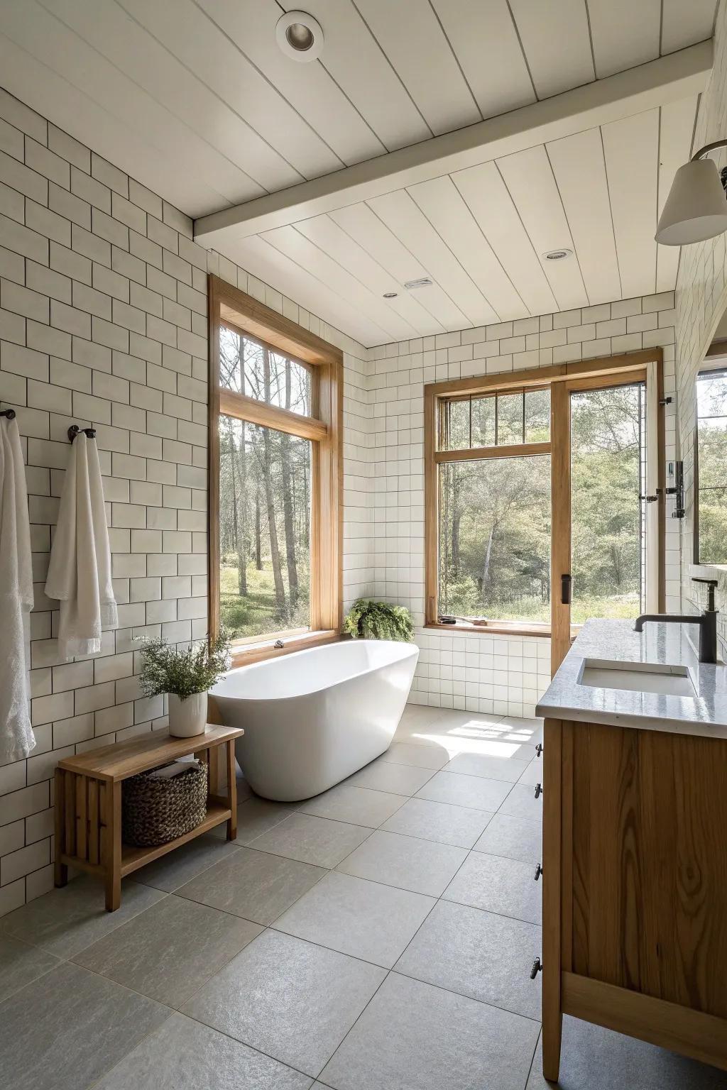 The spacious, minimalist design of the bathroom is enhanced by large format subway tiles.