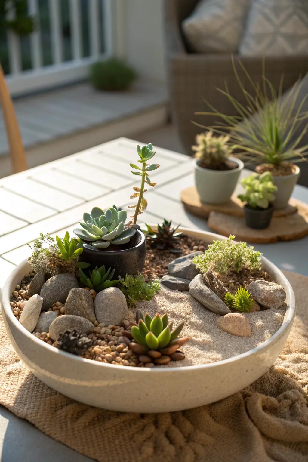A desert-style succulent landscape using sand and rocks.