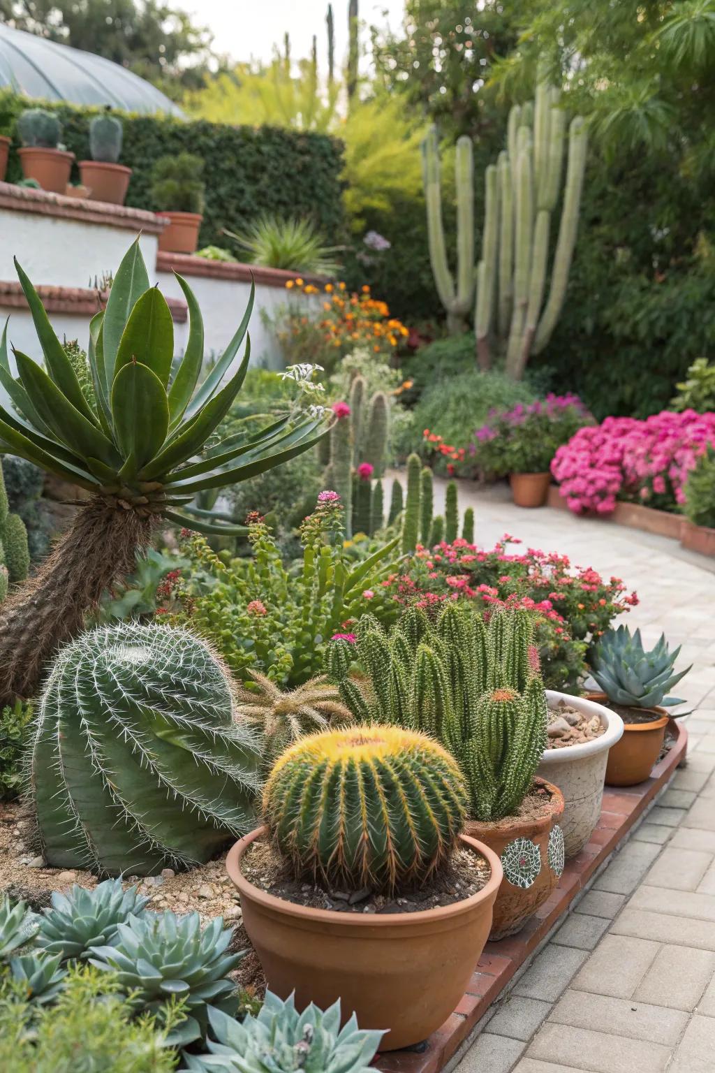 A dynamic garden featuring a fusion of thorny plants and succulents.