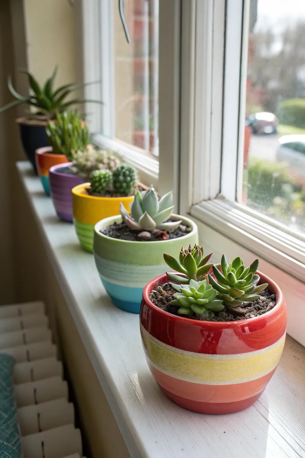 Bright pots show off the varied textures and shapes of succulents.