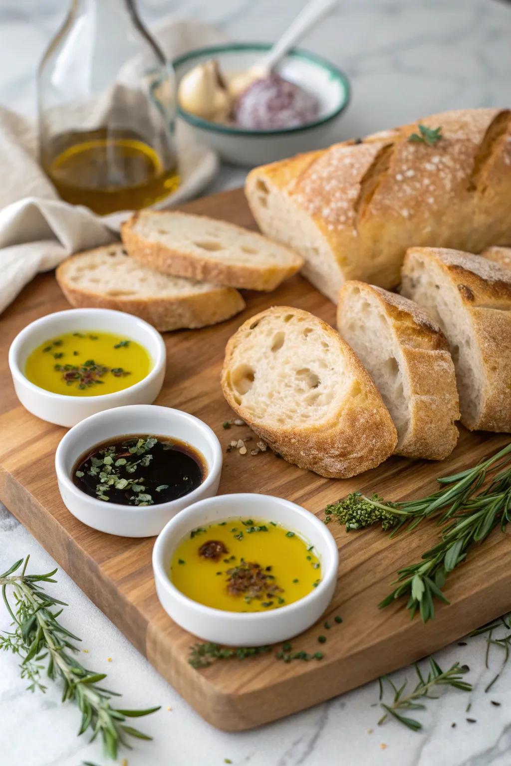 A simple yet elegant starter of fresh bread and oils.