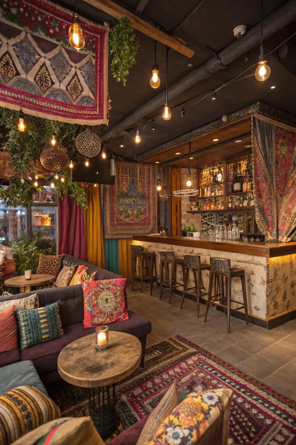 A free spirit brews lounge filled with eclectic fabrics and vibrant decor.