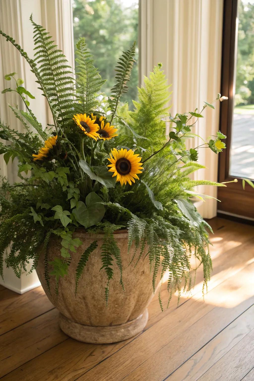 Bring nature indoors with sunflowers and feathery greens.