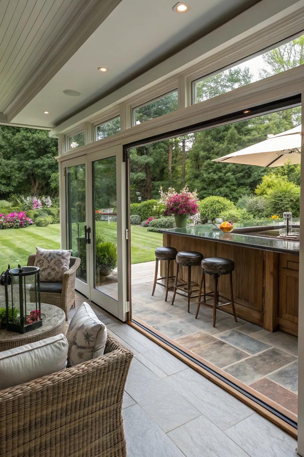 Smooth indoor-outdoor transitions invite nature into your sunroom bar.