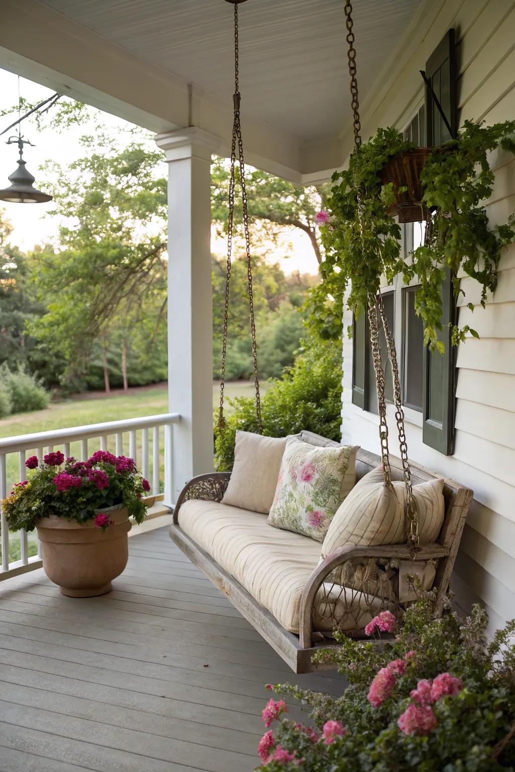 A single-seat veranda swing is a tranquil spot for relaxation and reflection.