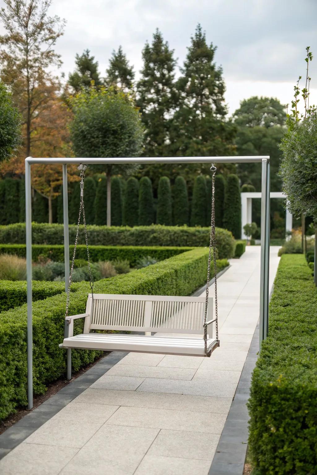 A minimalist metal frame swing adds contemporary elegance.