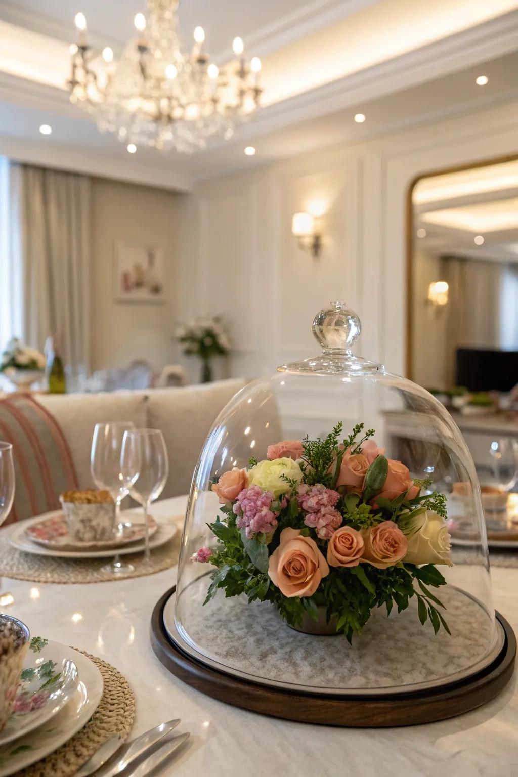 A floral arrangement under a see-through canopy for a hint of elegance.