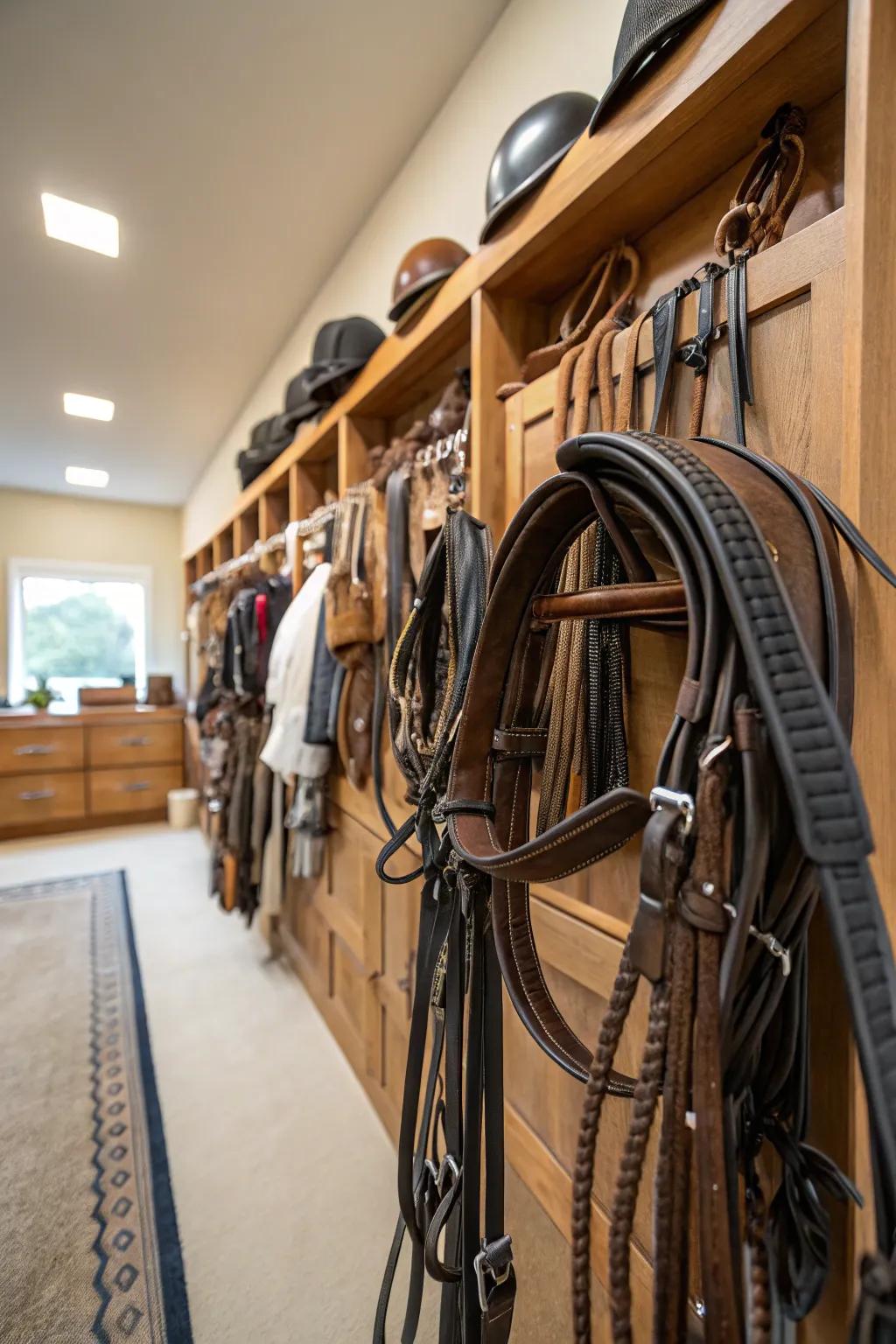 Specialized rein racks adding character and organization to a tack room.