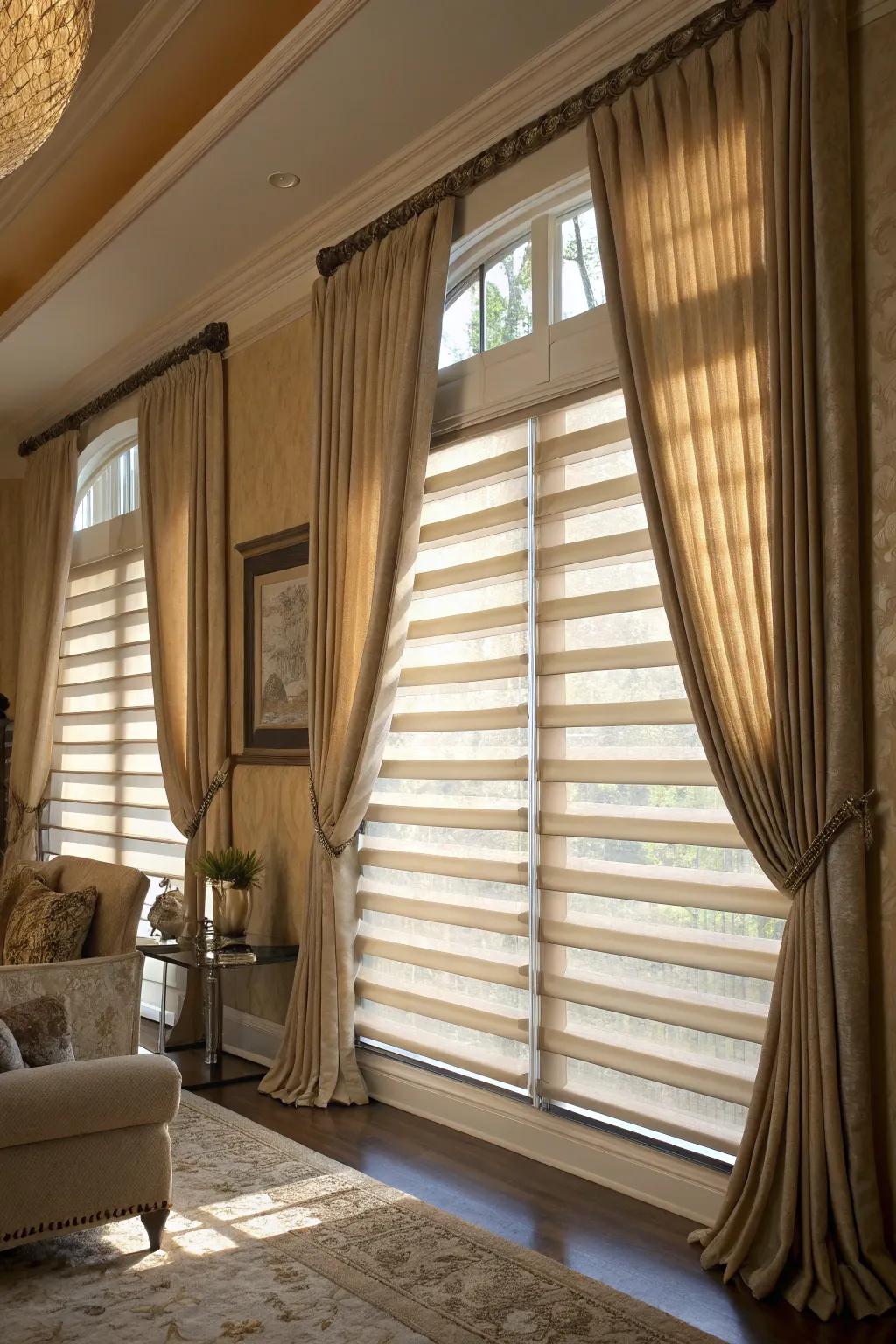 The tan bedroom looks luxurious with layered window coverings.