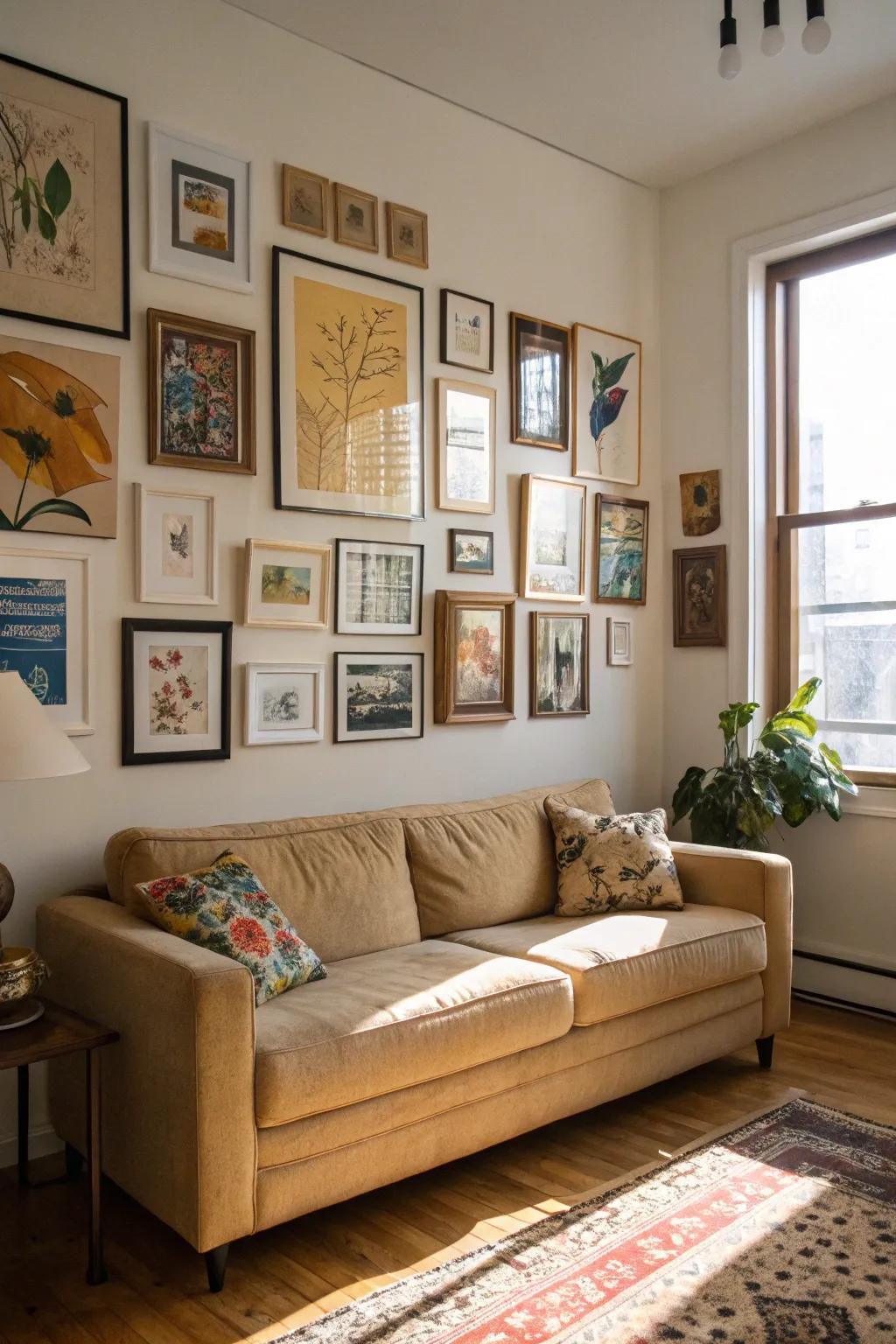 A gallery display customizes the space and highlights the sand-toned sofa.