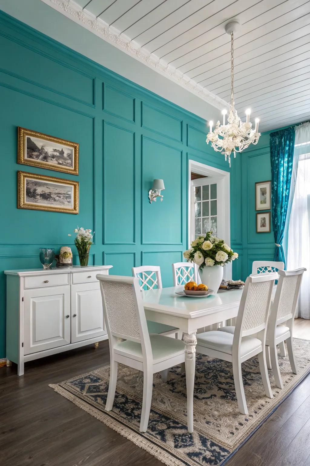 A light and airy dining room is created by the contrast of white and teal