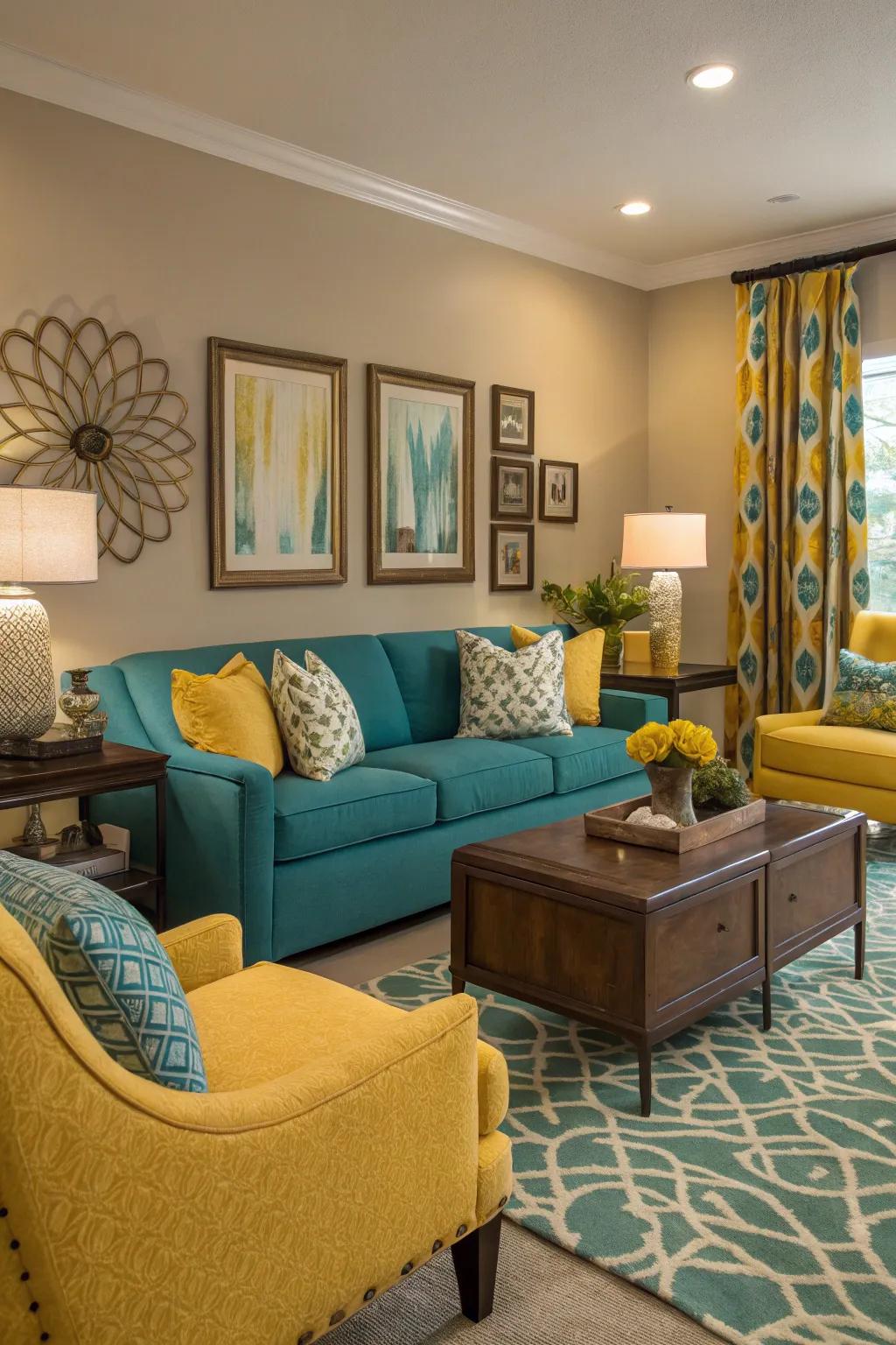 In this room, the juxtaposition of teal and yellow evokes feelings of vitality and lightheartedness.