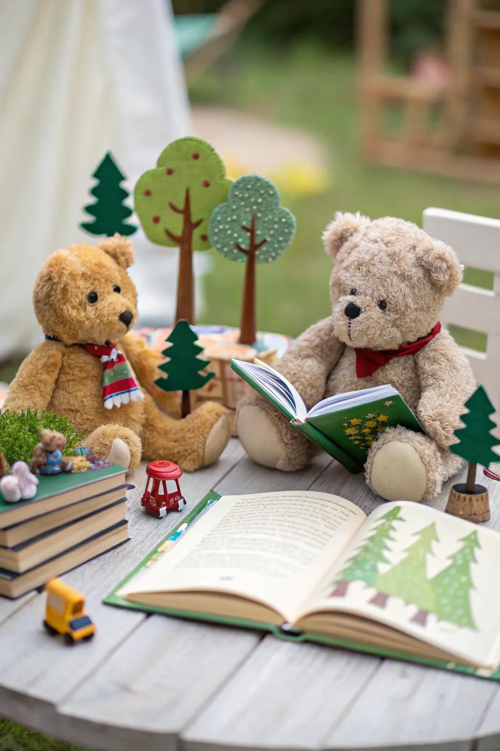 An imaginative storybook scene featuring cuddle toys.