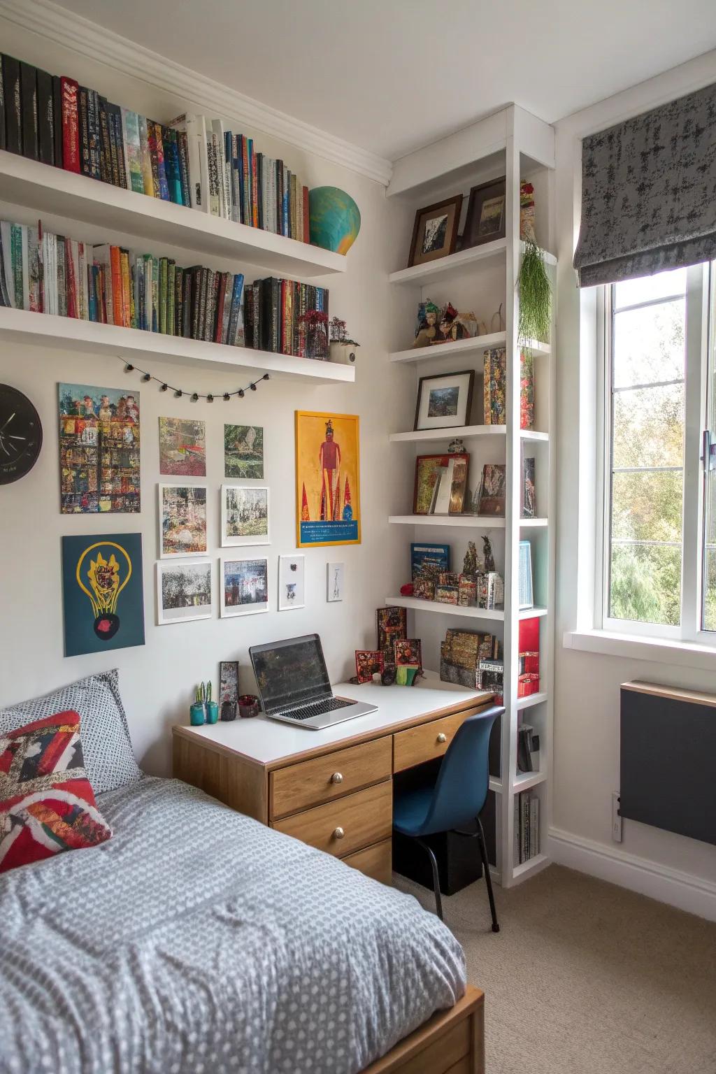 Smart use of wall space with shelves and storage in this teen boy's room.