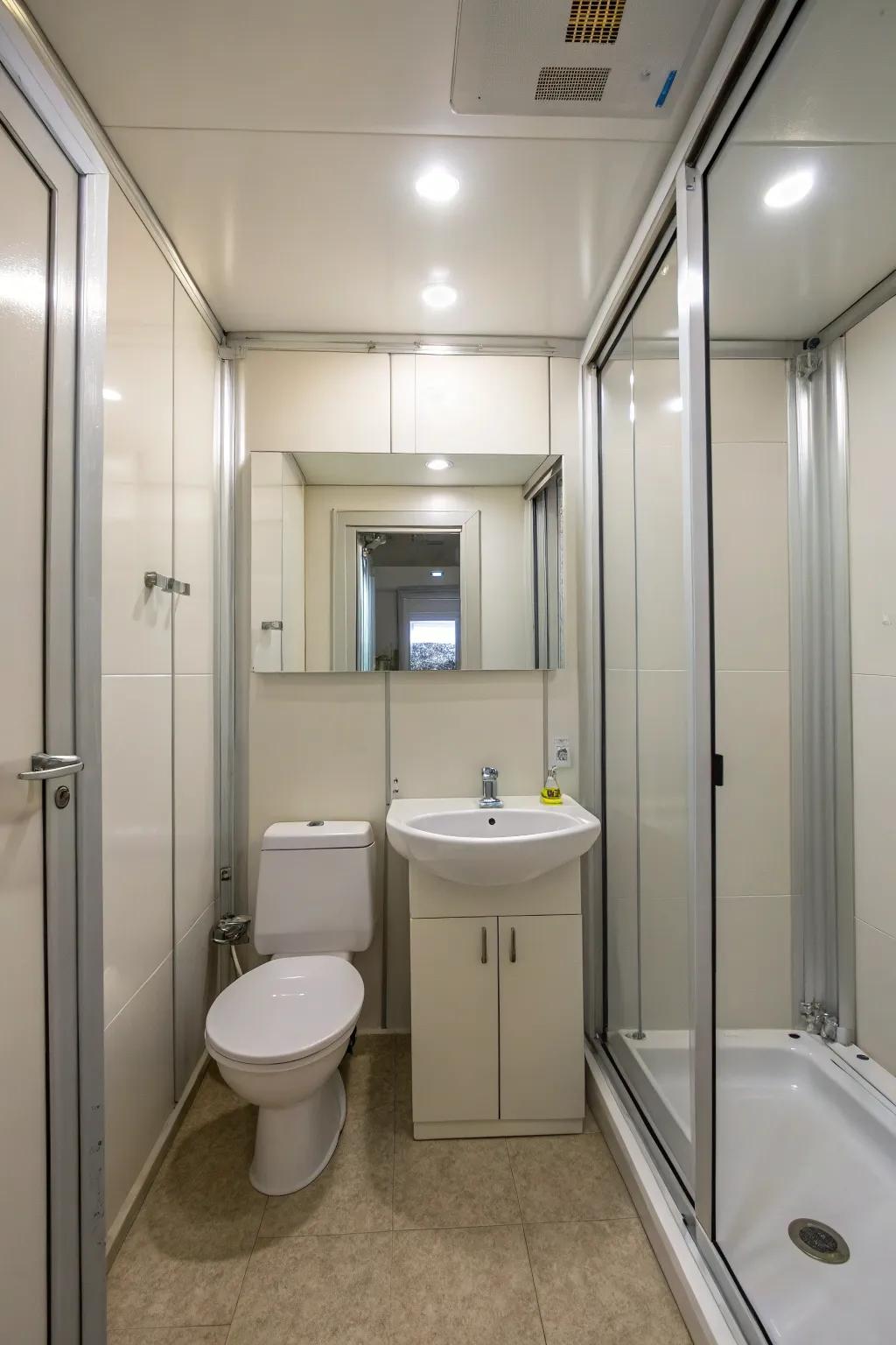 Reflective surfaces on a movable wall create the illusion of expanded space.