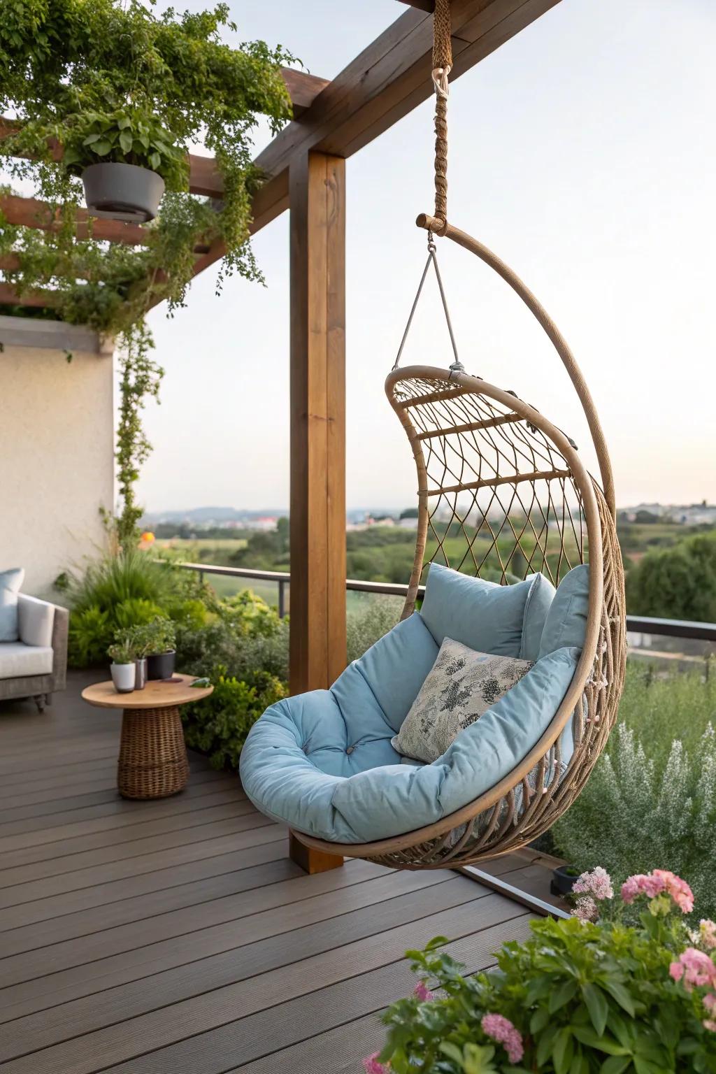 Hanging chairs offer a unique spot for relaxation on terraces.