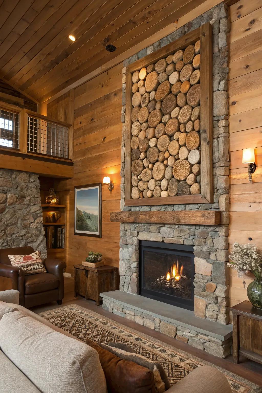 In this living room, natural materials in the textured art piece give a rustic appeal.