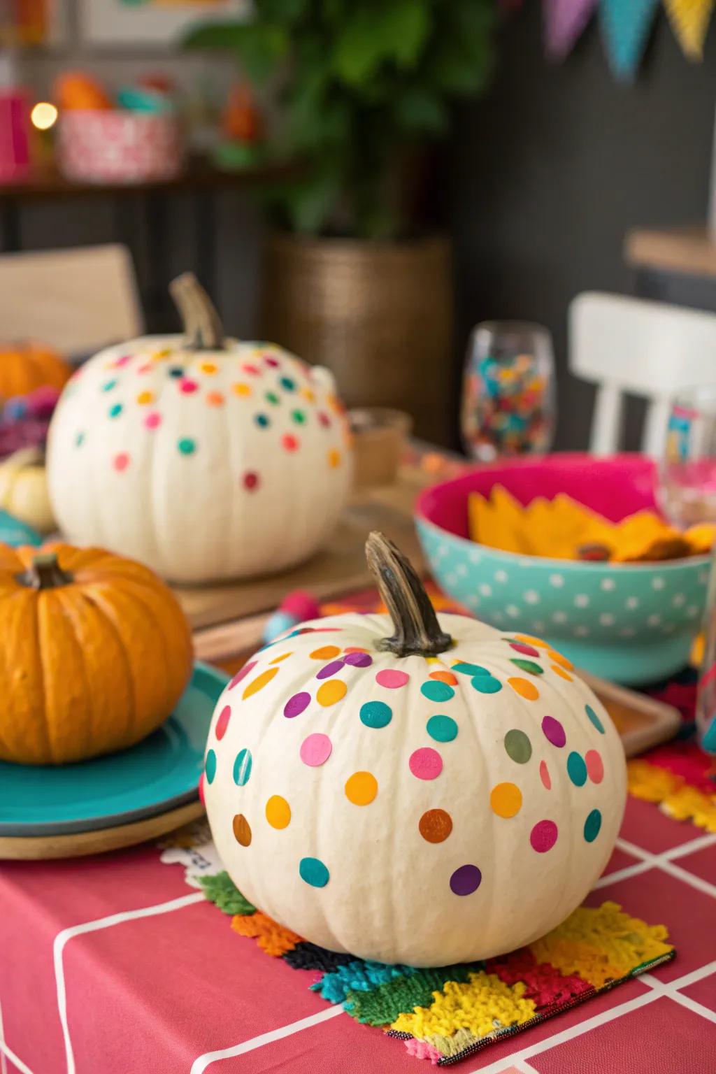 Playful confetti painted pumpkins incorporating festive enjoyment.