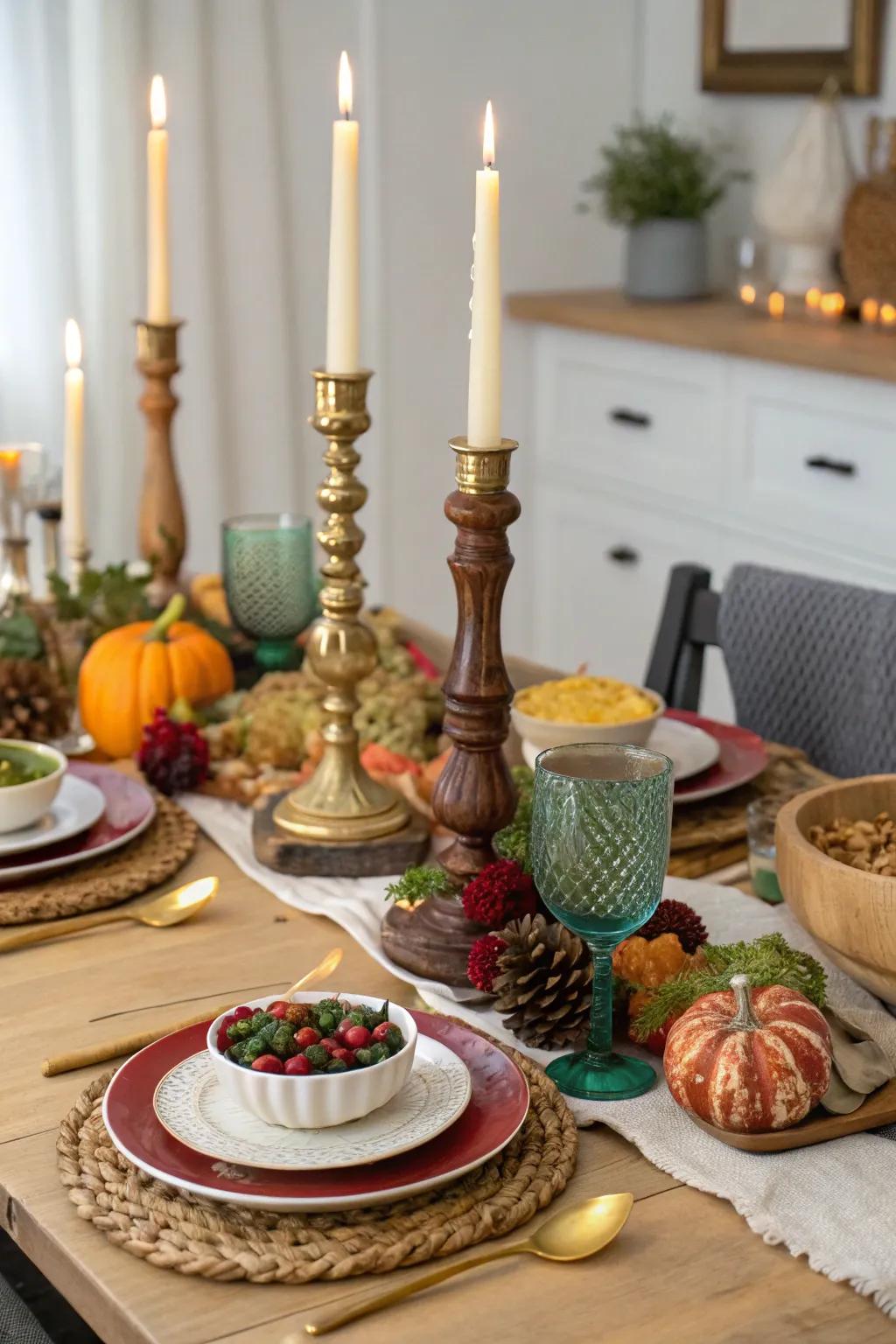 The table is given an eclectic sense by a variety of candle holders.