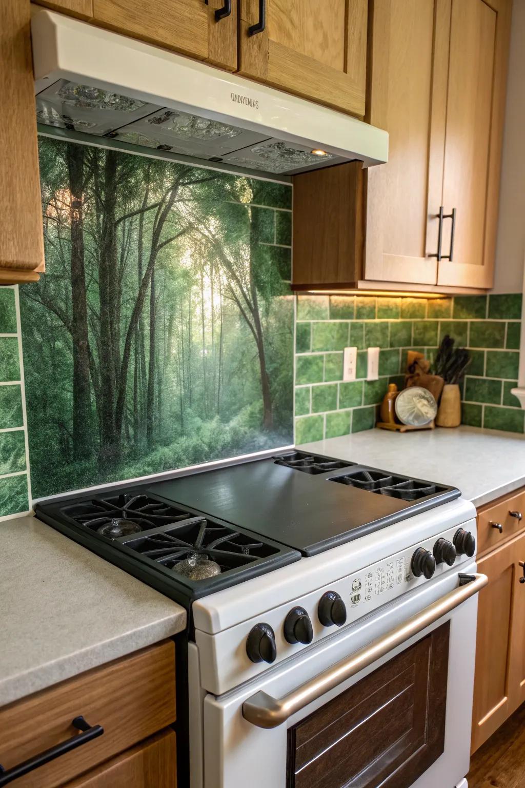 Green panels channel nature's tranquility into your kitchen.