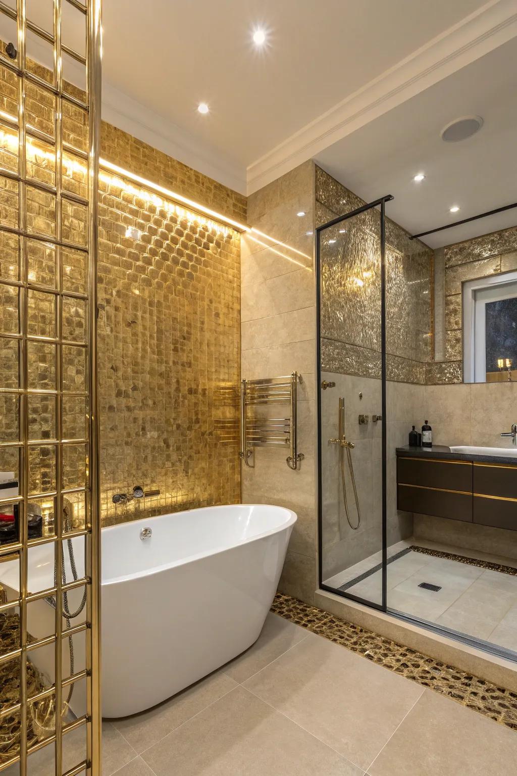 Gilded metal trims add a touch of luxury and glamour to tiled spaces.