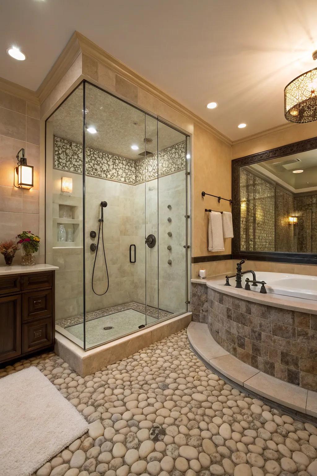 In this bathroom, pebble tiles provide a soothing, spa-like experience.