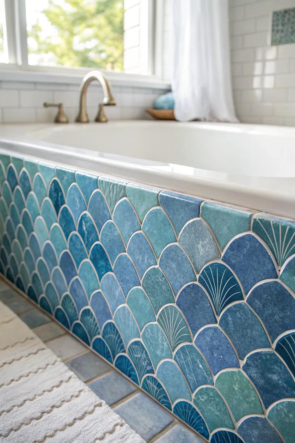 Dive into coastal serenity with these exquisite blue tiles, bringing oceanic calm to your bathroom oasis.