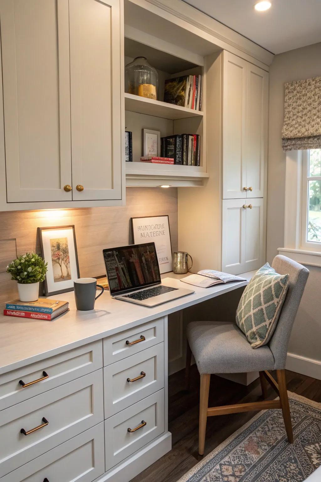 A built-in desk fits into cabinetry seamlessly for a streamlined appearance.