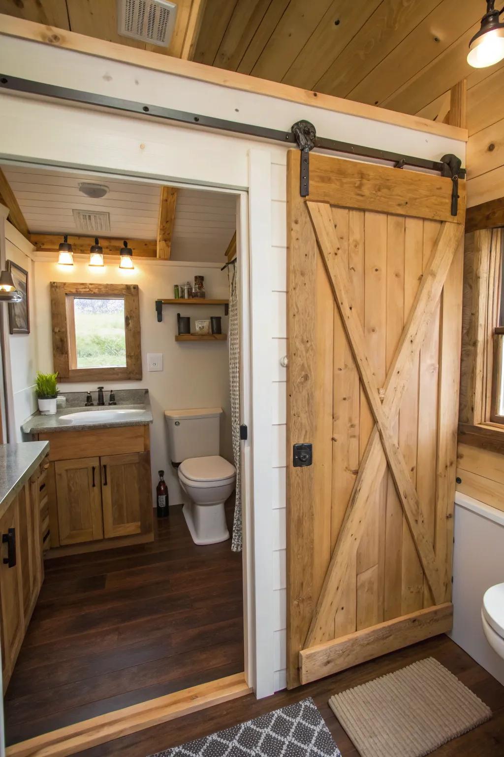 This small bathroom combines style and function thanks to sliding barn doors.