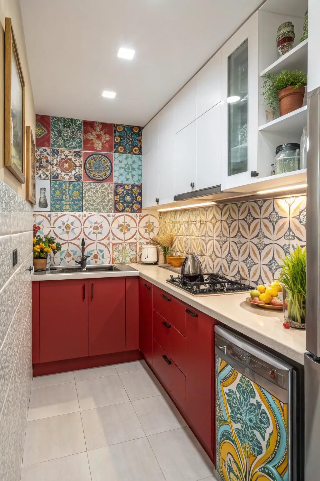 Imaginative backsplashes inject character and flair into a small kitchen.
