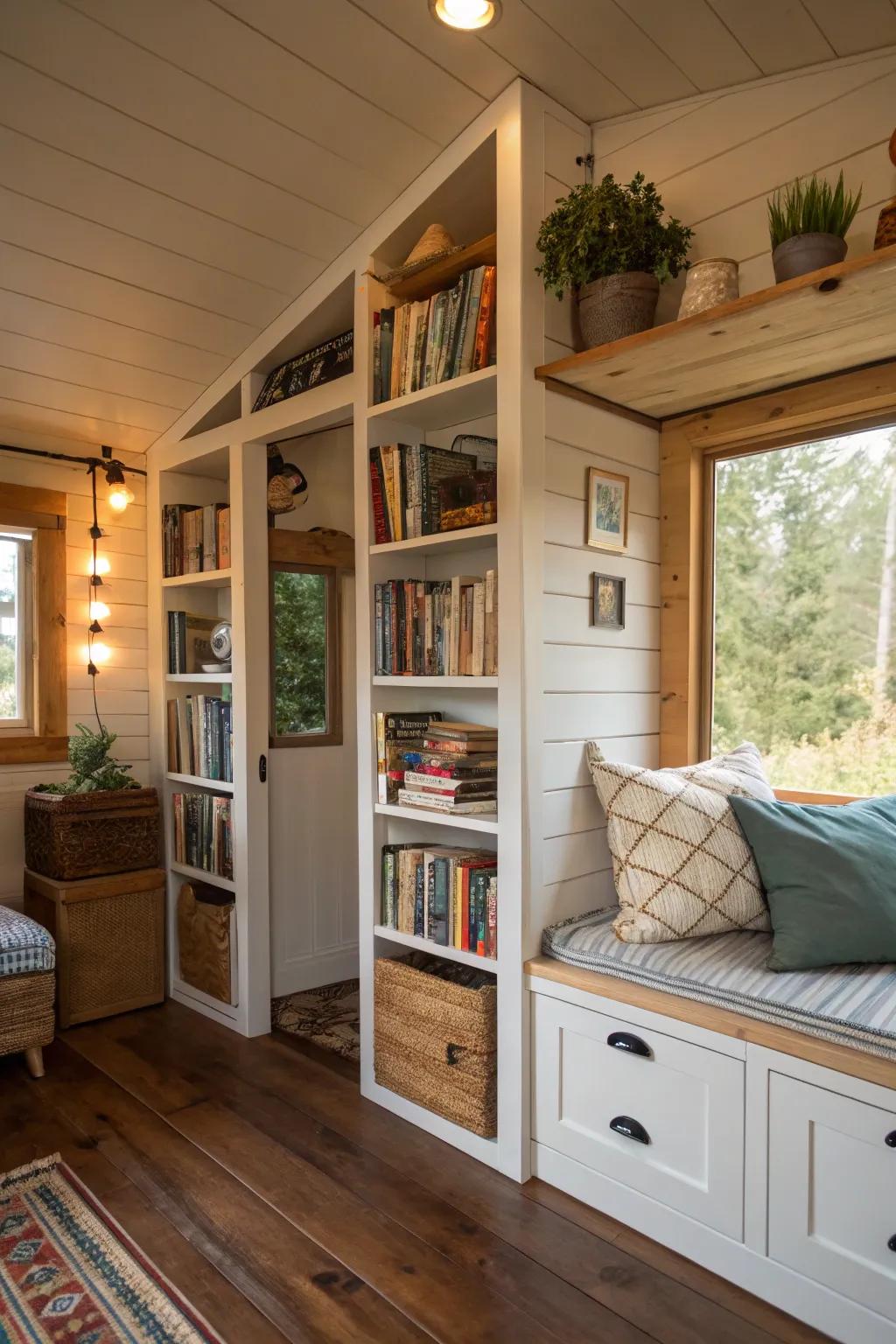 Storage dividers in a small house providing dual functionality