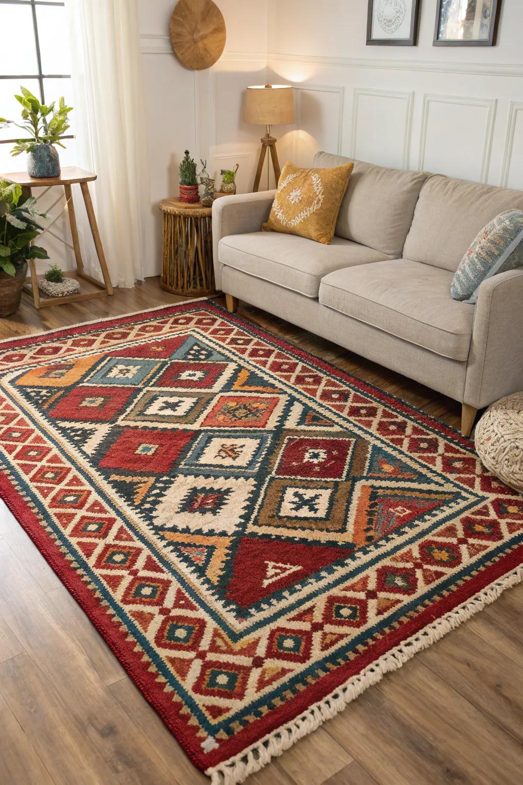 Oversized rugs ground the room and enhance its spacious feel.