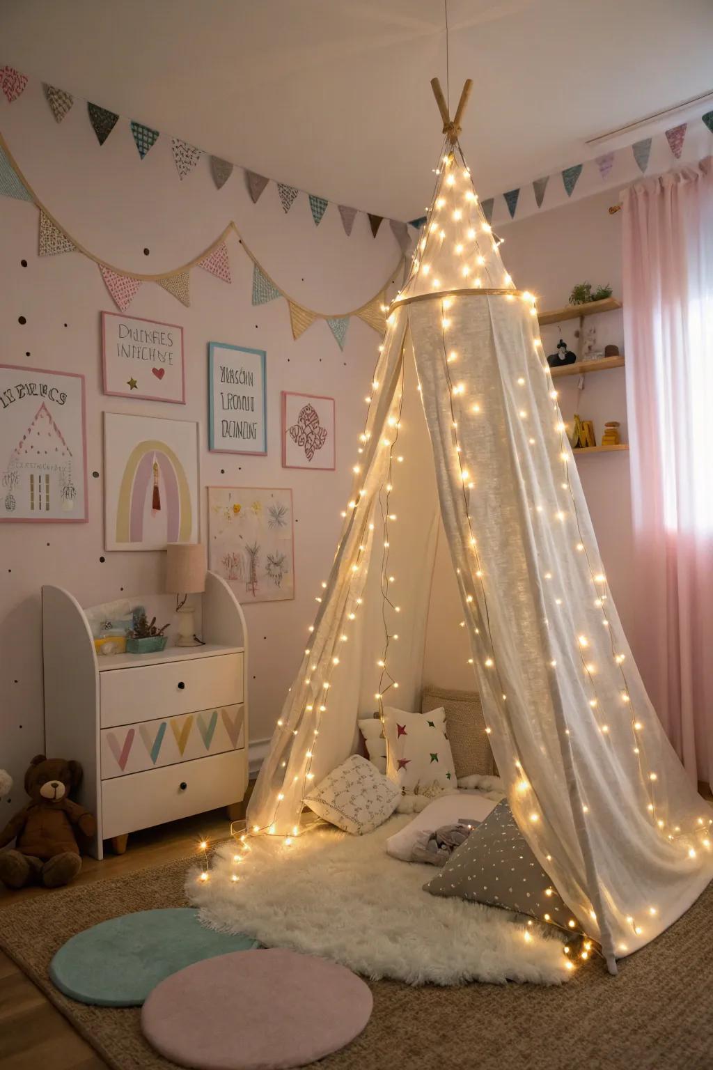 Fairy illumination adds a magical element to the space.