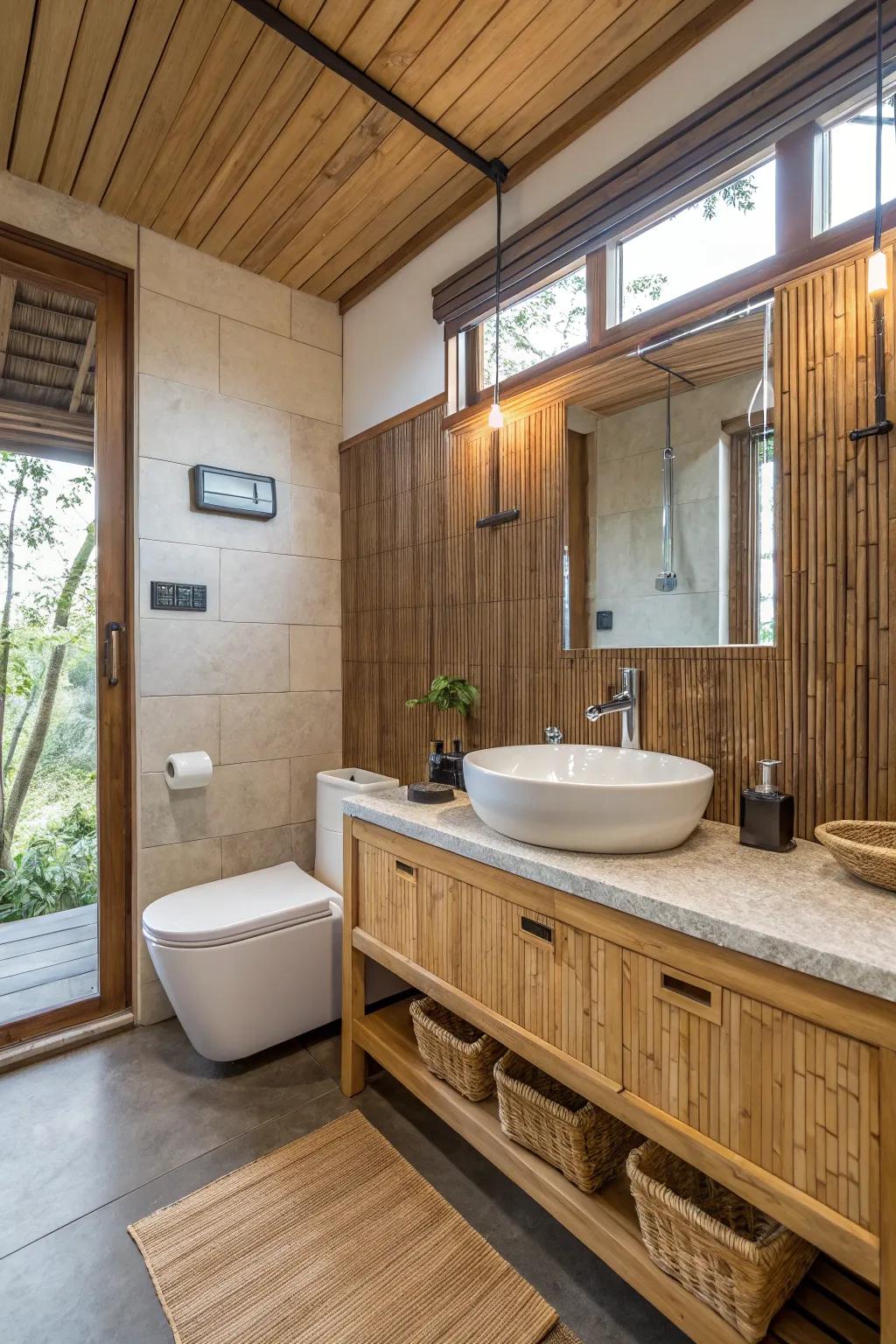 Sustainable style with environmentally friendly selections inside a washroom.