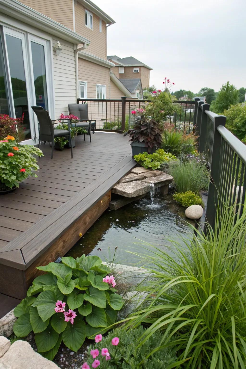 A water feature can turn into a centerpiece that delivers calmness to your deck.
