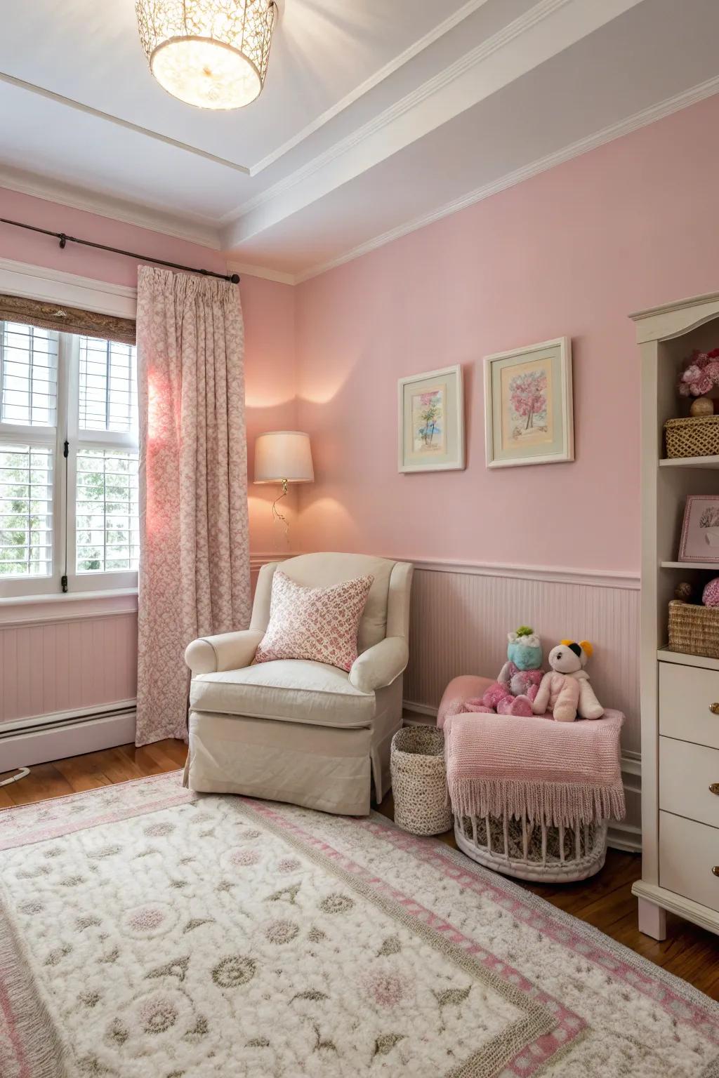 A townhouse nursery featuring understated pink walls for subtle warmth.