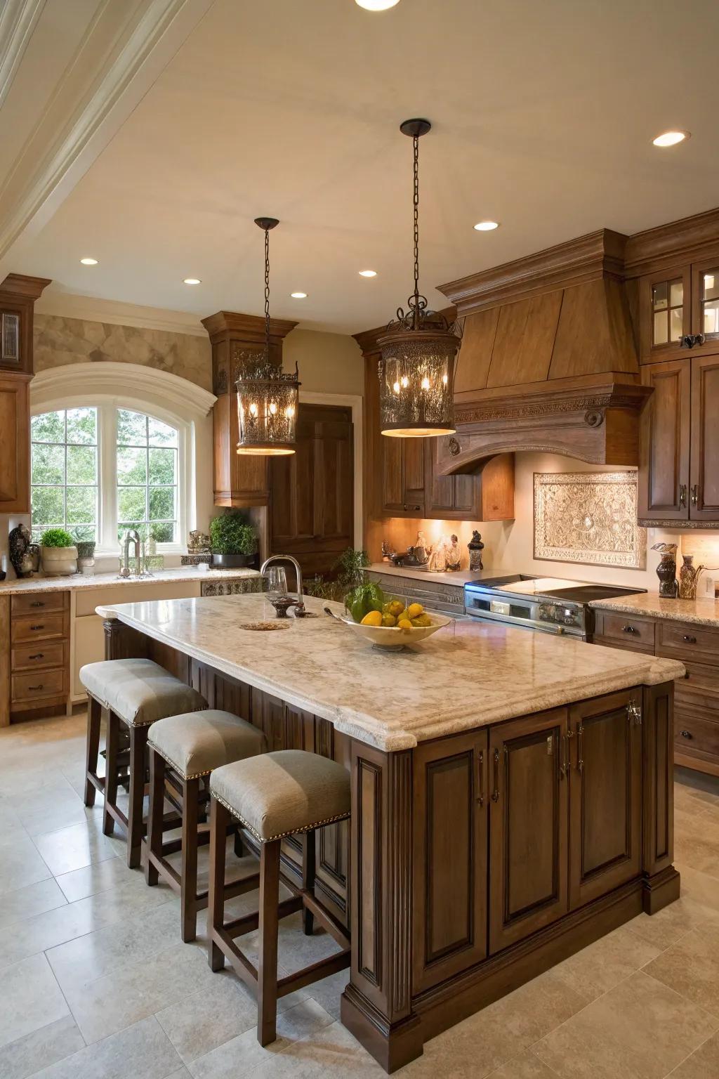 A stone center serves as a luxurious centerpiece.