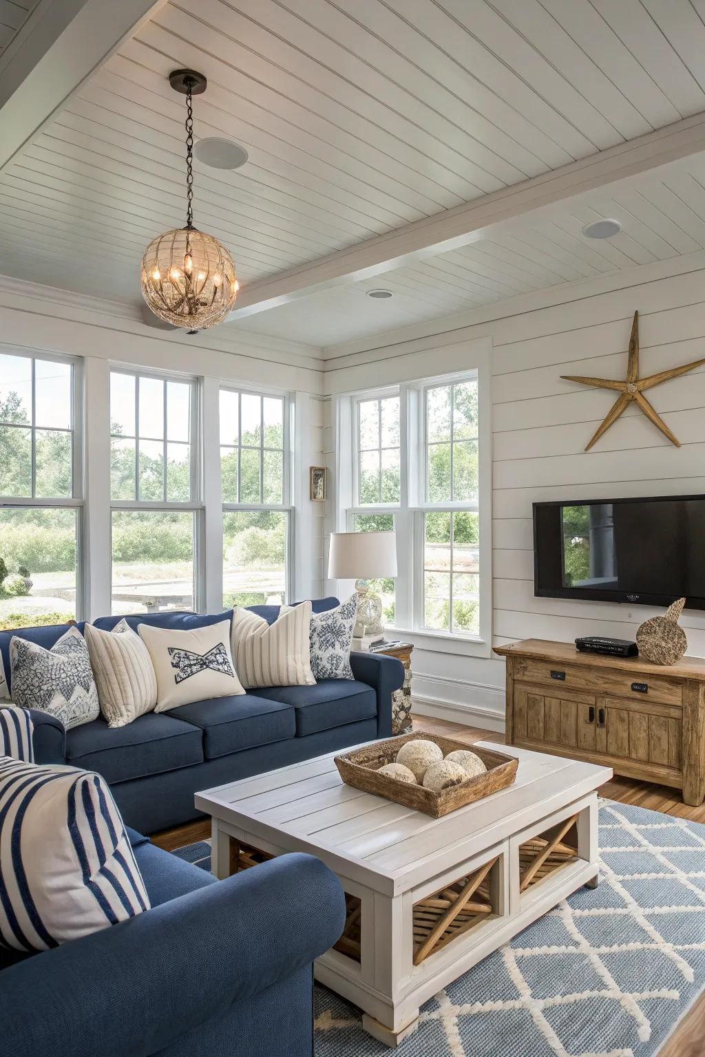 A coastal-themed living room featuring a tray ceiling that is enhanced by shiplap.
