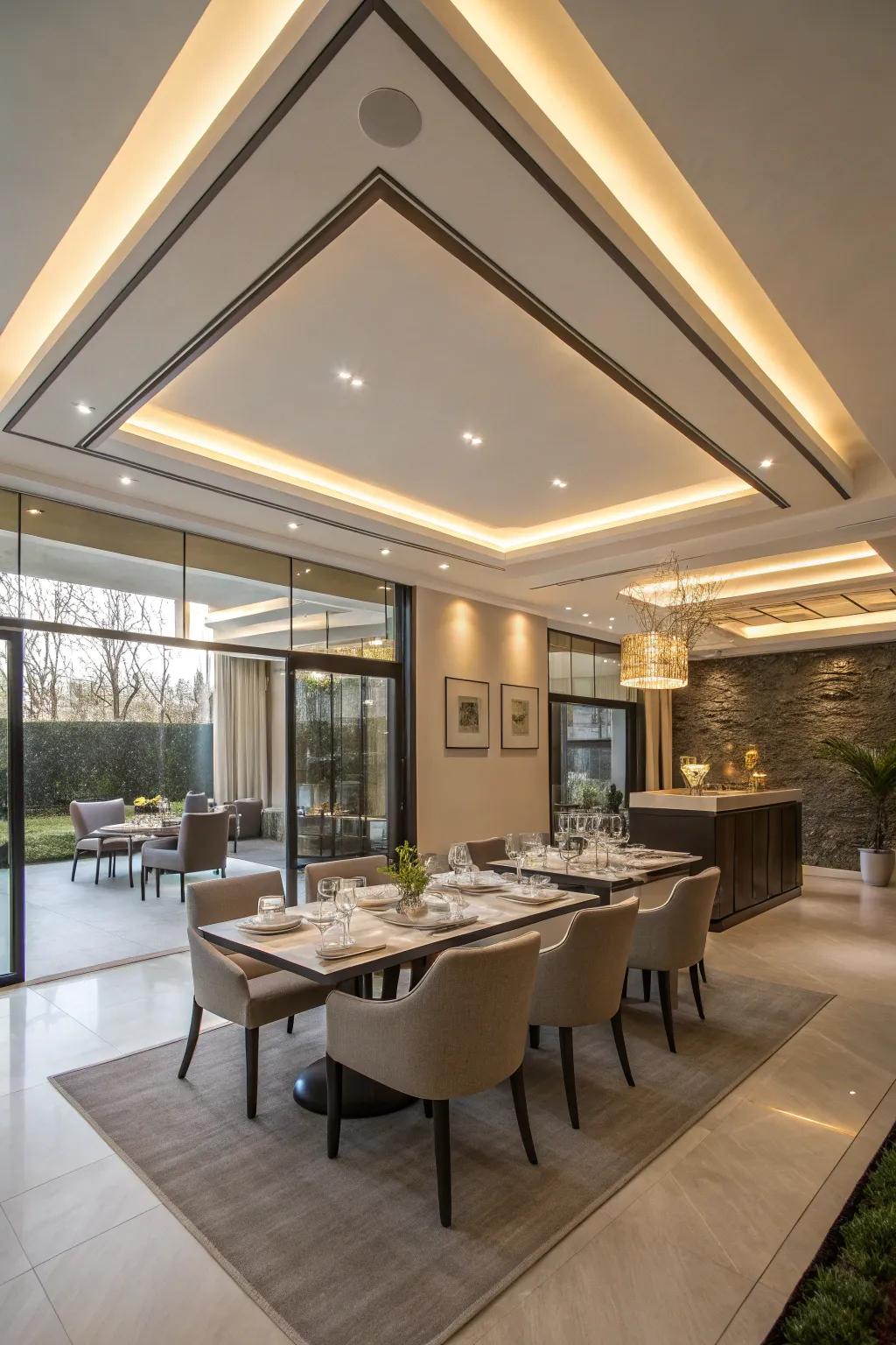 A contemporary dining space enriched by layered lighting in the tray ceiling.