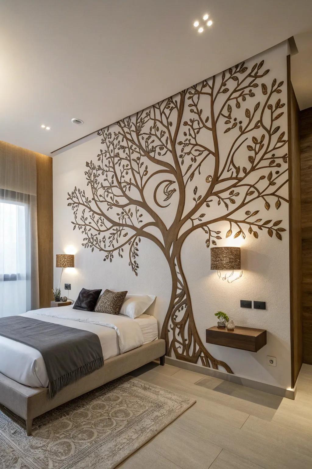 Arbor Vitae wall graphic enhances a modern bedroom with personal flair.