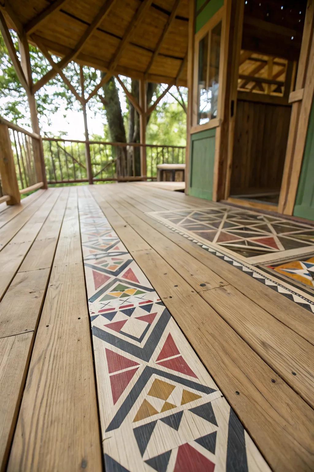 Unique flooring inside a treehouse, featuring a geometric design painted on wooden planks.