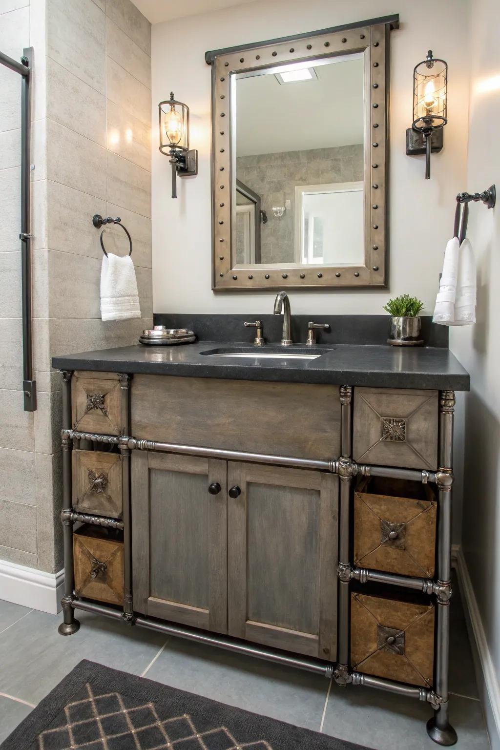 A bathroom featuring a vanity with metal details for an industrial chic aesthetic.