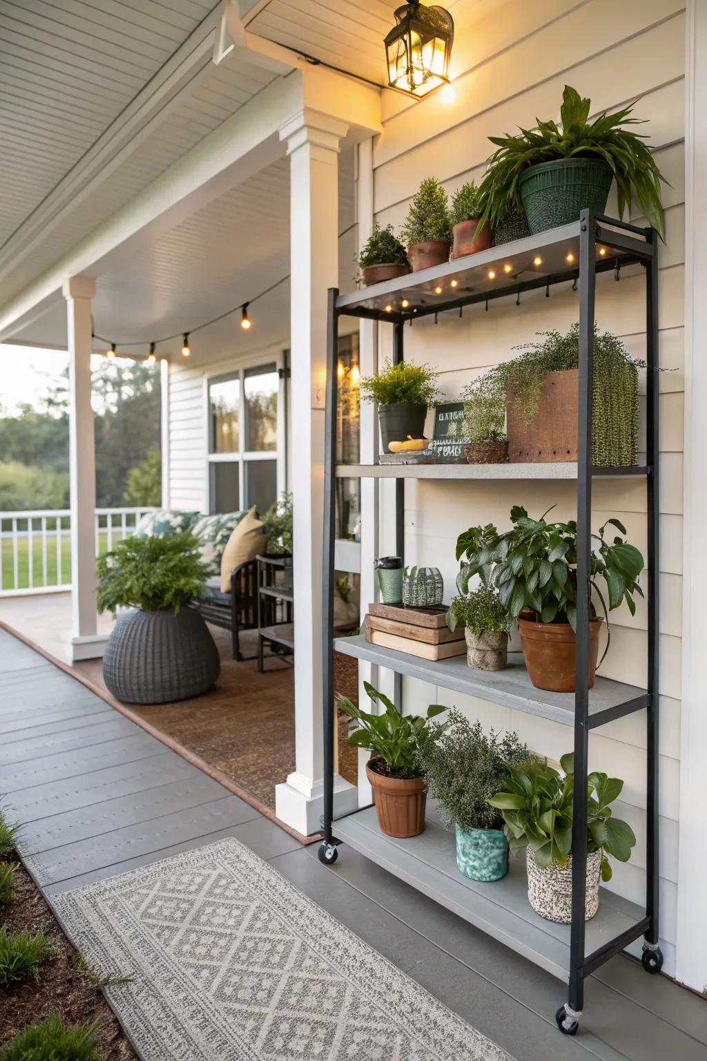 Display decor with functional shelving on your porch.