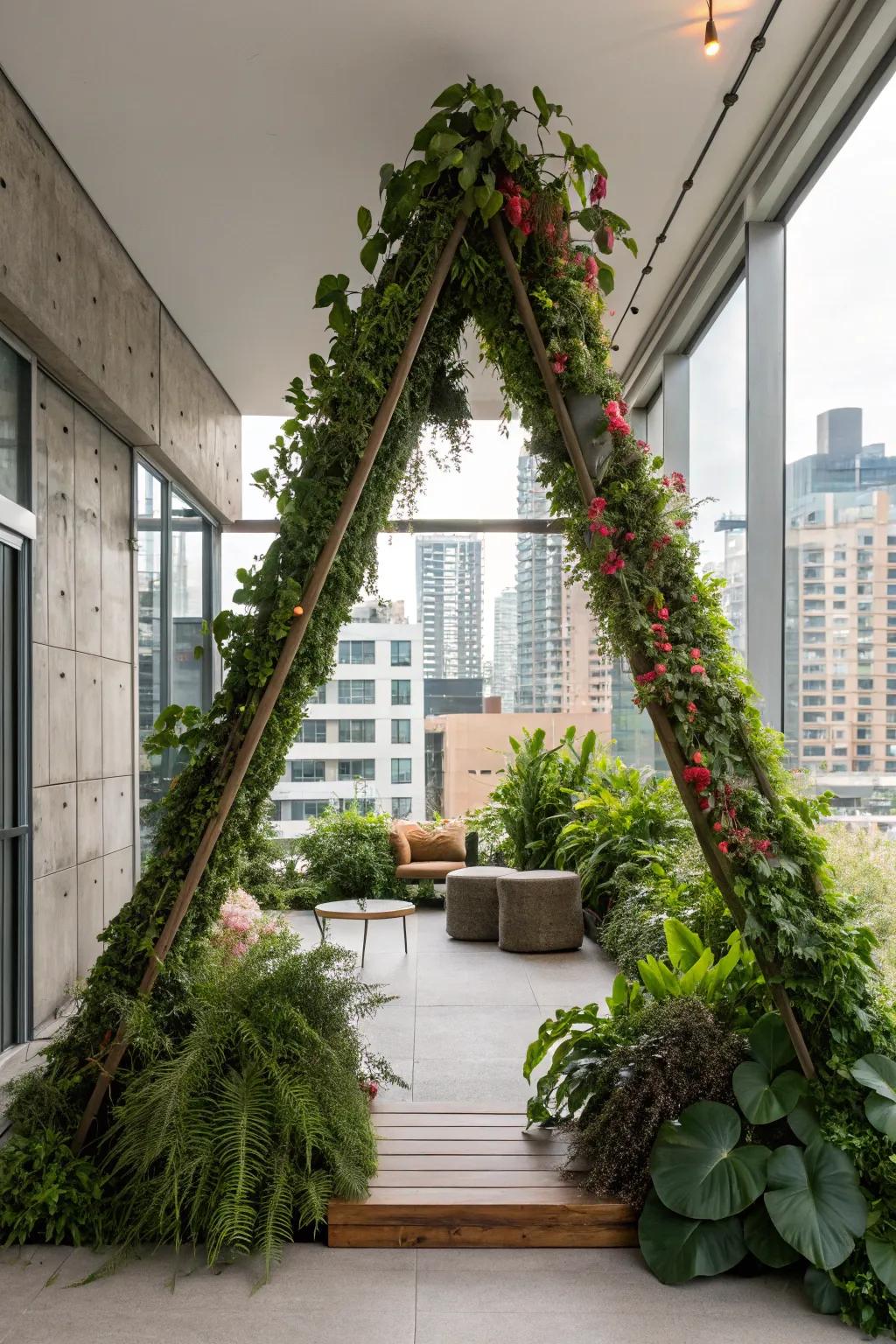 An indoor garden triangular archway that introduces a fresh, natural vibe indoors.