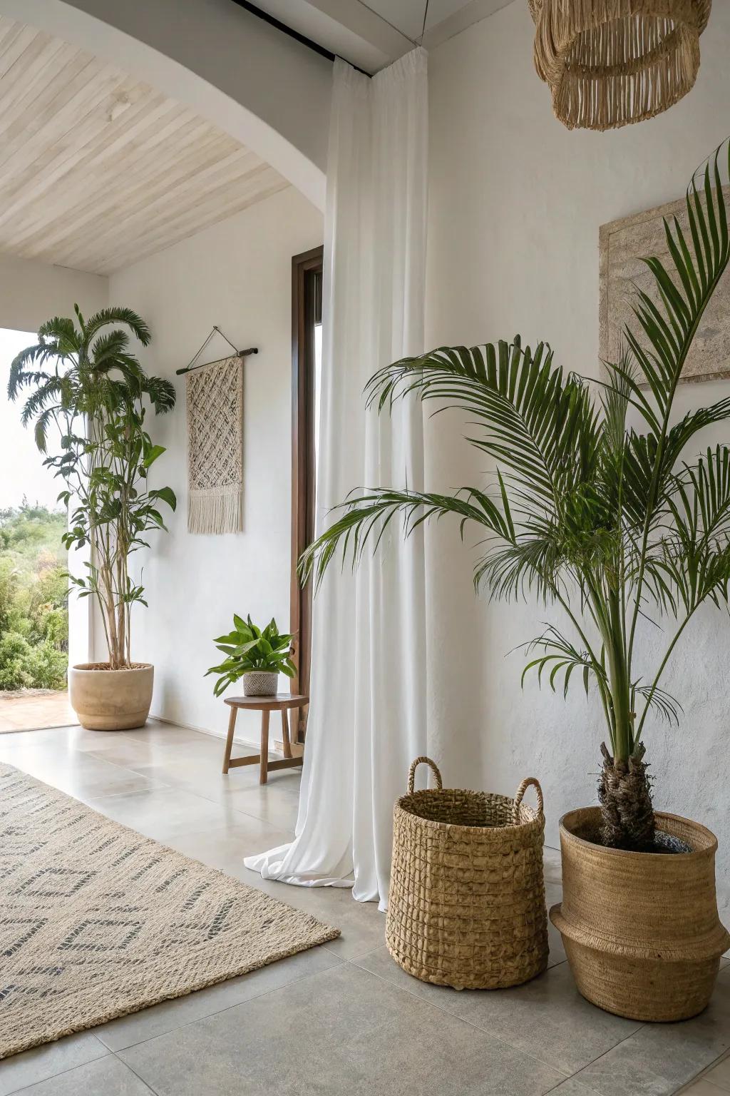 Mixing tropical and simple styles makes a fresh, peaceful space.